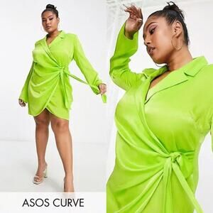 ASOS Design Curve Lime Neon Satin Long Sleeve Wrap Dress $69 Plus Size 20 US
